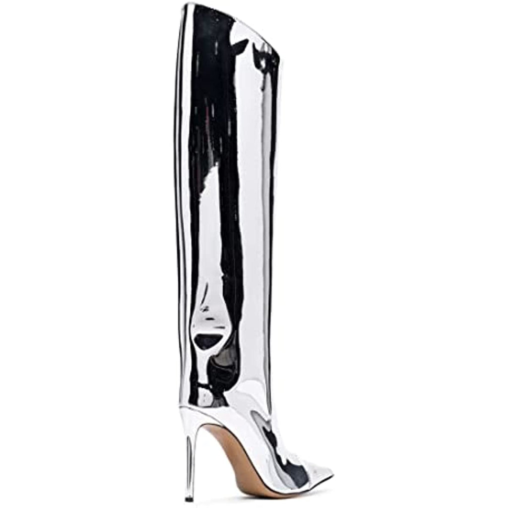 Women's Knee High Boots Sexy Pointed Toe Stiletto Heel Boot Metallic Leather Zipper Booties Dress Shoes