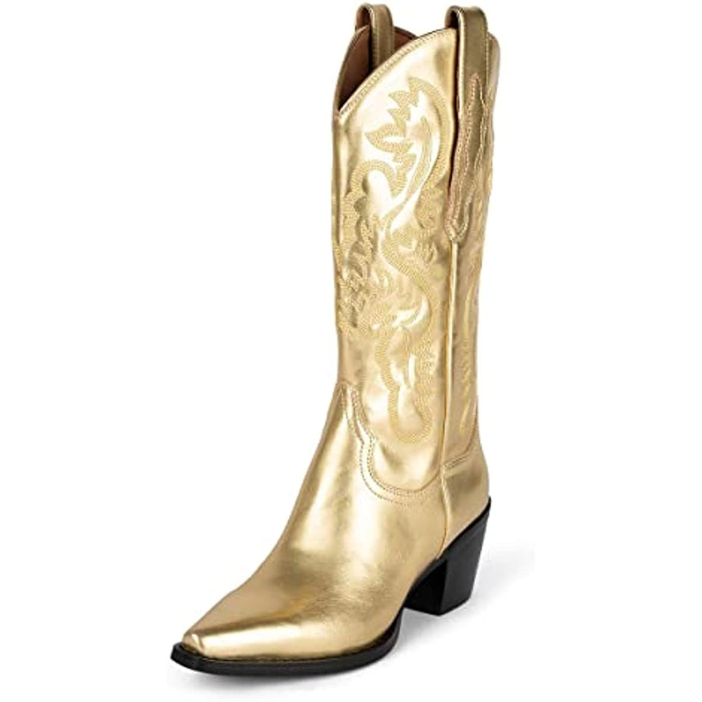 Western Cowboy Boots, Metallic Mid Calf Boots with Embroidered Cowgirl Wide-Calf Combat Boot Pull-on Knee High