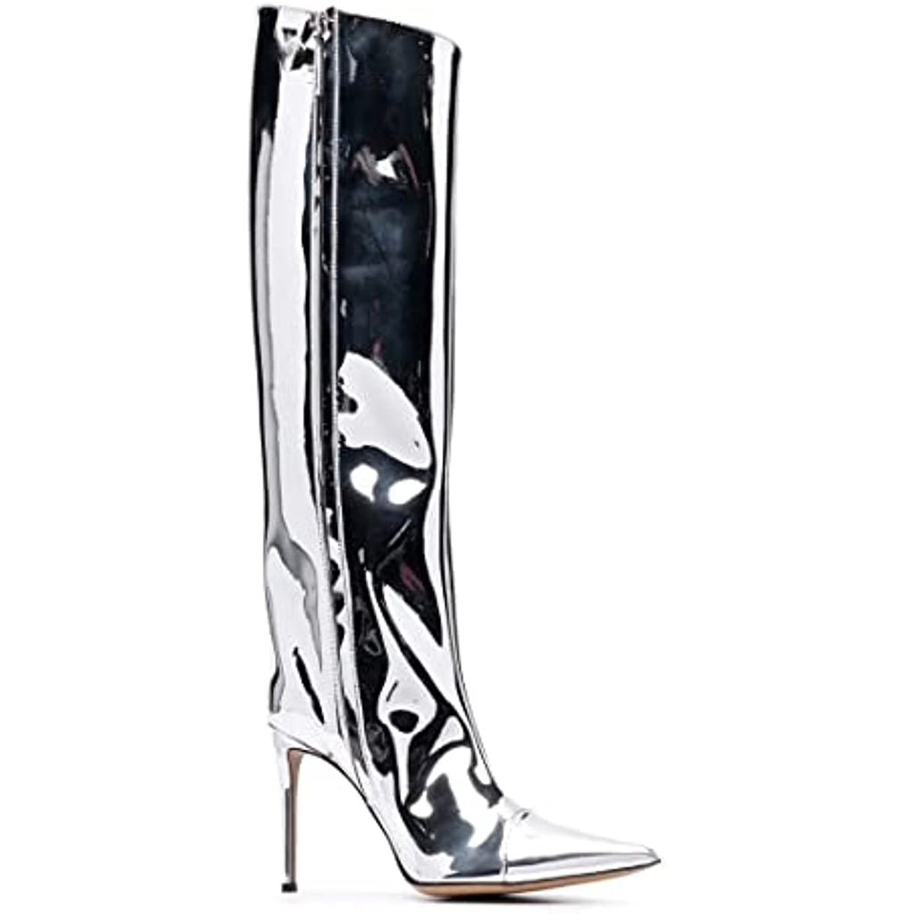 Women's Knee High Boots Sexy Pointed Toe Stiletto Heel Boot Metallic Leather Zipper Booties Dress Shoes