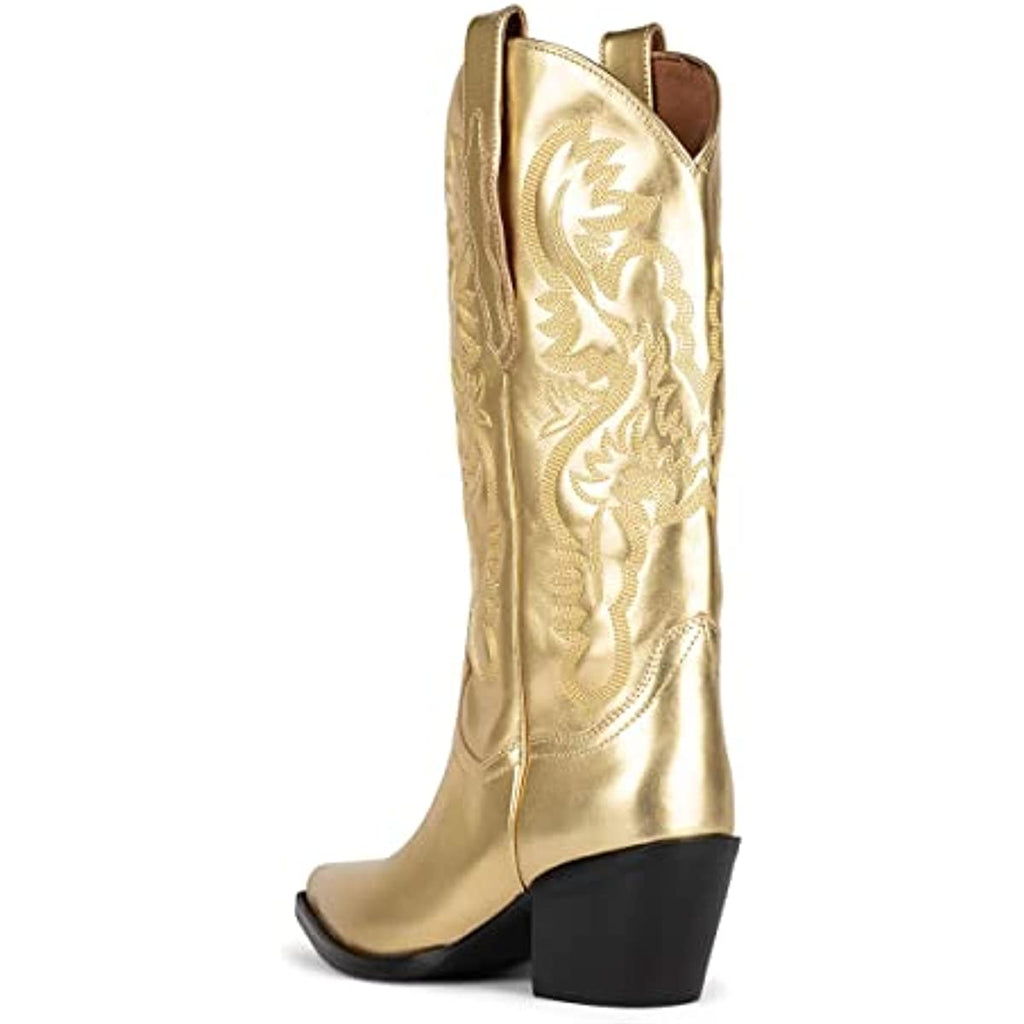 Western Cowboy Boots, Metallic Mid Calf Boots with Embroidered Cowgirl Wide-Calf Combat Boot Pull-on Knee High