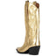 Western Cowboy Boots, Metallic Mid Calf Boots with Embroidered Cowgirl Wide-Calf Combat Boot Pull-on Knee High