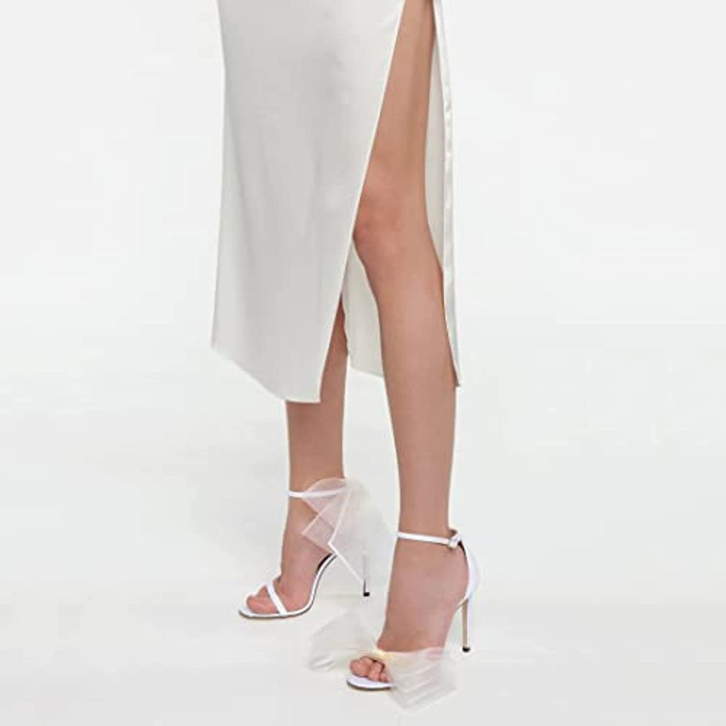 Vertundy Women's Stiletto High Heeled Sandals with Asymmetric Lace Mesh Bows Knot Decoration Open Toe Ankle Strap Single Band Strap Heels Sexy Dress Wedding Party Shoes For Ladies 3.14 IN