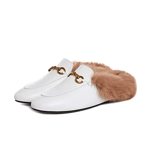 Fur Mules for Women Leather Low Heel Loafers Pointed Toe Rabbit Furny Mule Flats Backless Slides