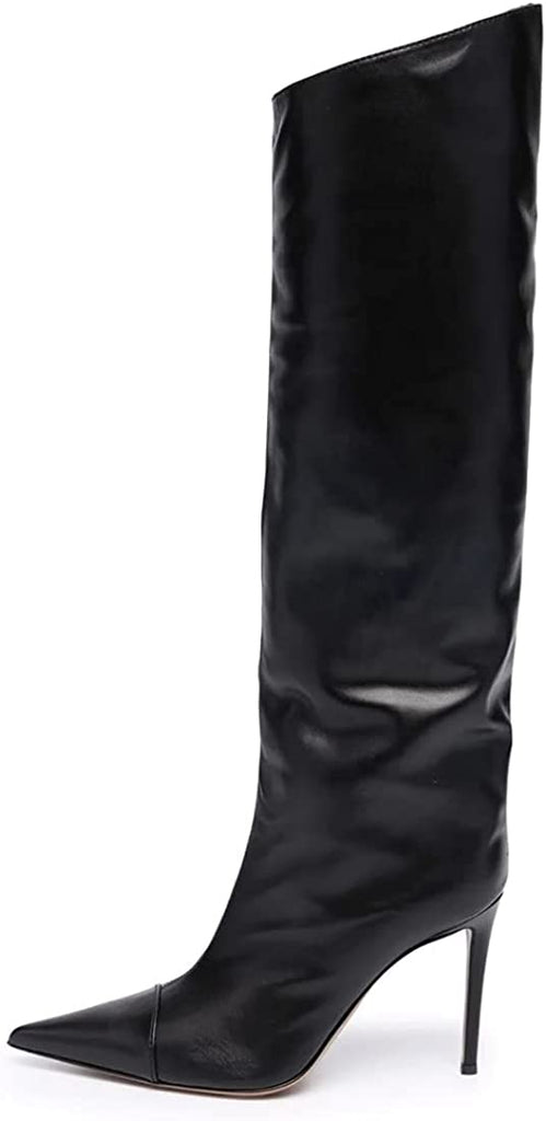 Women's Knee High Boots Sexy Pointed Toe Stiletto Heel Boot Metallic Leather Zipper Booties Dress Shoes
