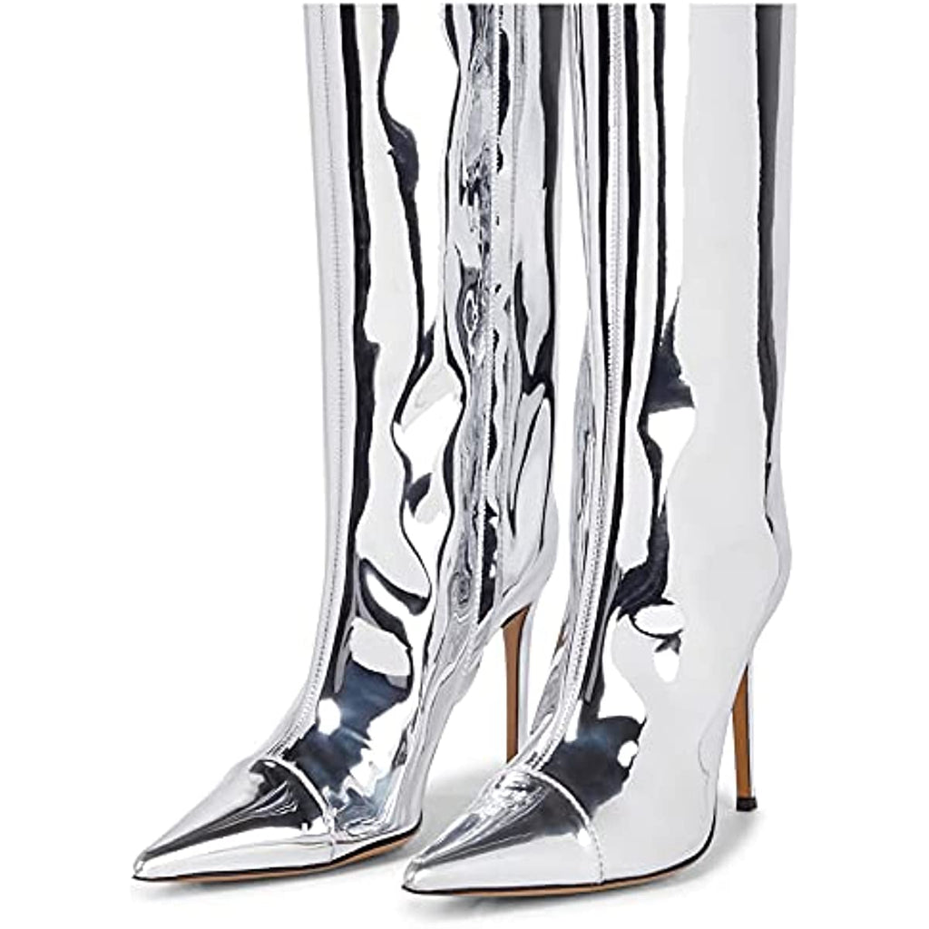 Women's Knee High Boots Sexy Pointed Toe Stiletto Heel Boot Metallic Leather Zipper Booties Dress Shoes