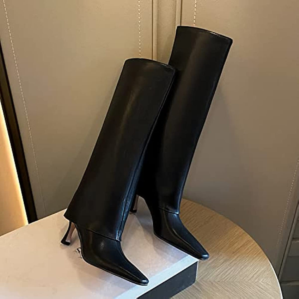 Fold Over Knee High Boots Leather Stiletto Heel Long Boot Riding Booties