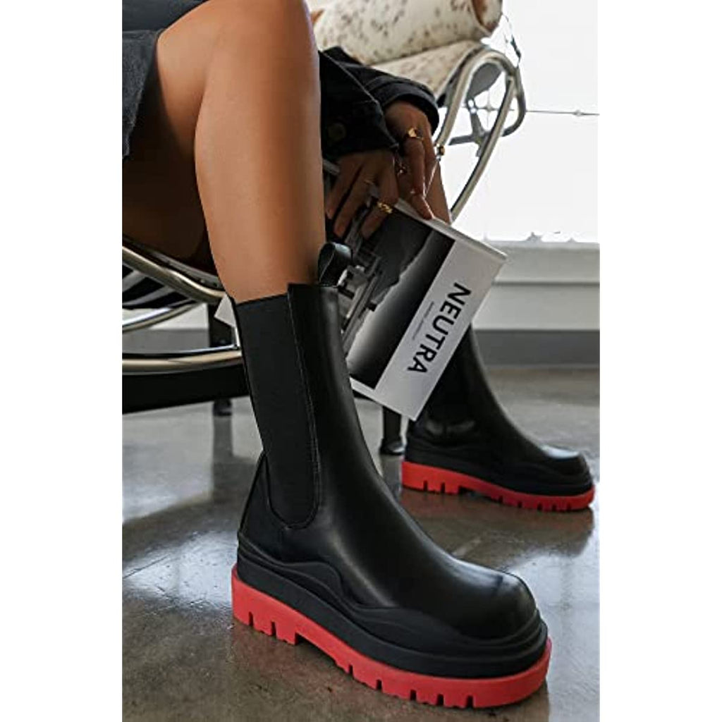 Women's Chelsea Ankle Boots Slip On Mid Calf Chunky Platform Comfortable Pull-on Booties