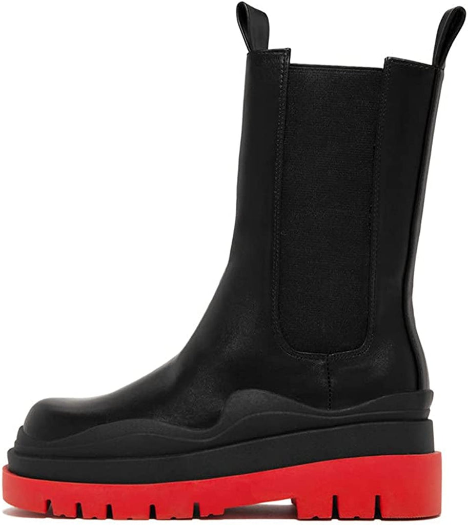 Women's Chelsea Ankle Boots Slip On Mid Calf Chunky Platform Comfortable Pull-on Booties
