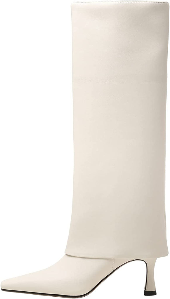 Fold Over Knee High Boots Leather Stiletto Heel Long Boot Riding Booties