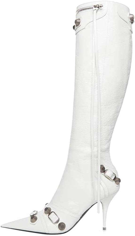 Vertundy Women’s Knee High Boots - Pointed Toe Stiletto Heel Zipper Long Boot Rivet Slim Tassel Dress Boot for Lady Wide Calf Sexy