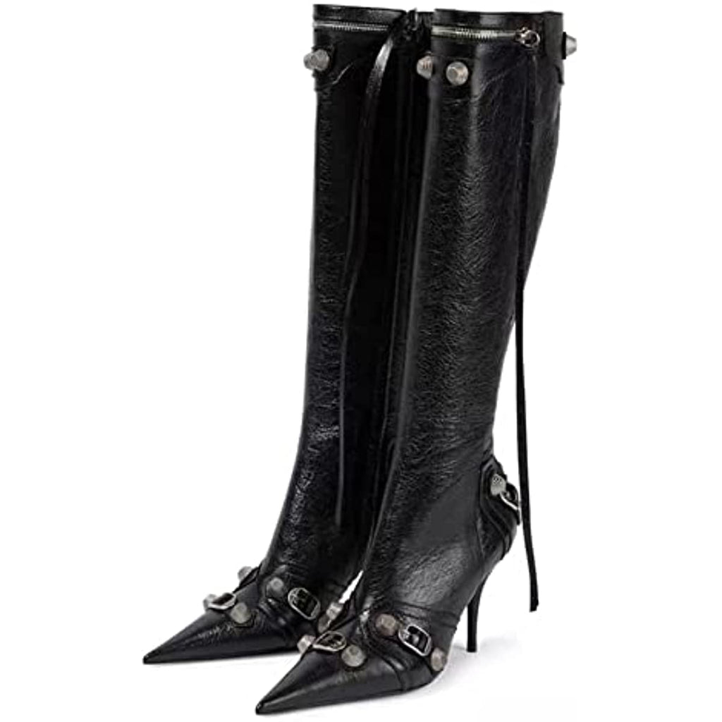 Vertundy Women’s Knee High Boots - Pointed Toe Stiletto Heel Zipper Long Boot Rivet Slim Tassel Dress Boot for Lady Wide Calf Sexy