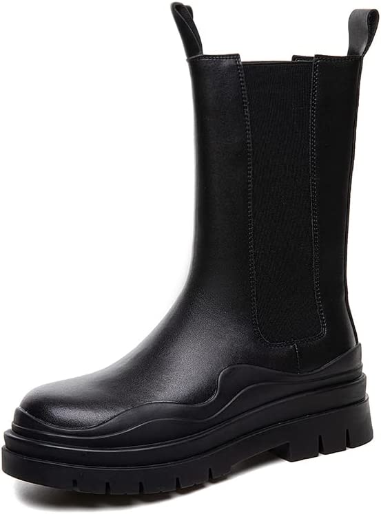 Women's Chelsea Ankle Boots Slip On Mid Calf Chunky Platform Comfortable Pull-on Booties
