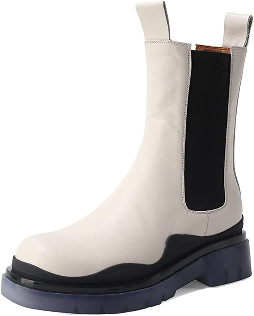 Women's Chelsea Ankle Boots Slip On Mid Calf Chunky Platform Comfortable Pull-on Booties