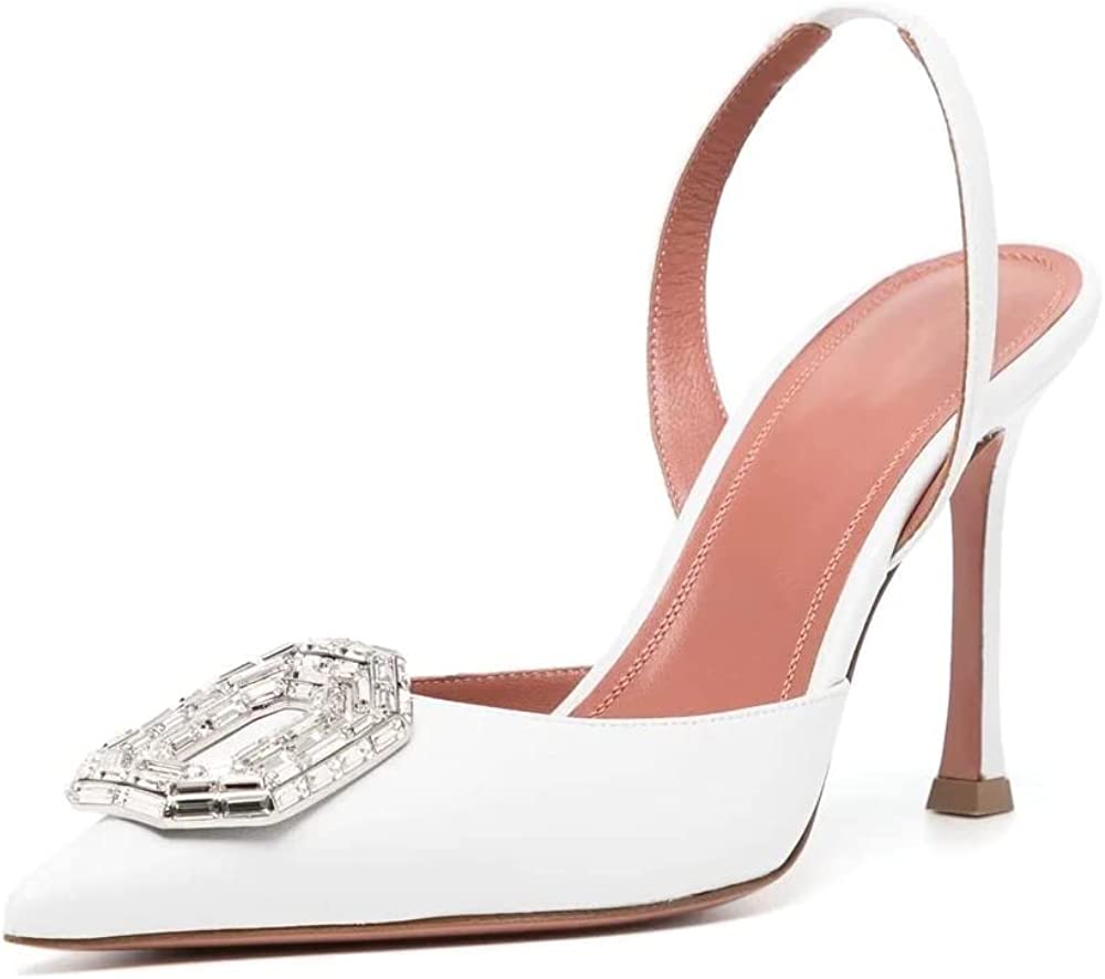 Rhinestone High Heels Satin Slingback Pumps Pointed Wedding Dress Stilettos