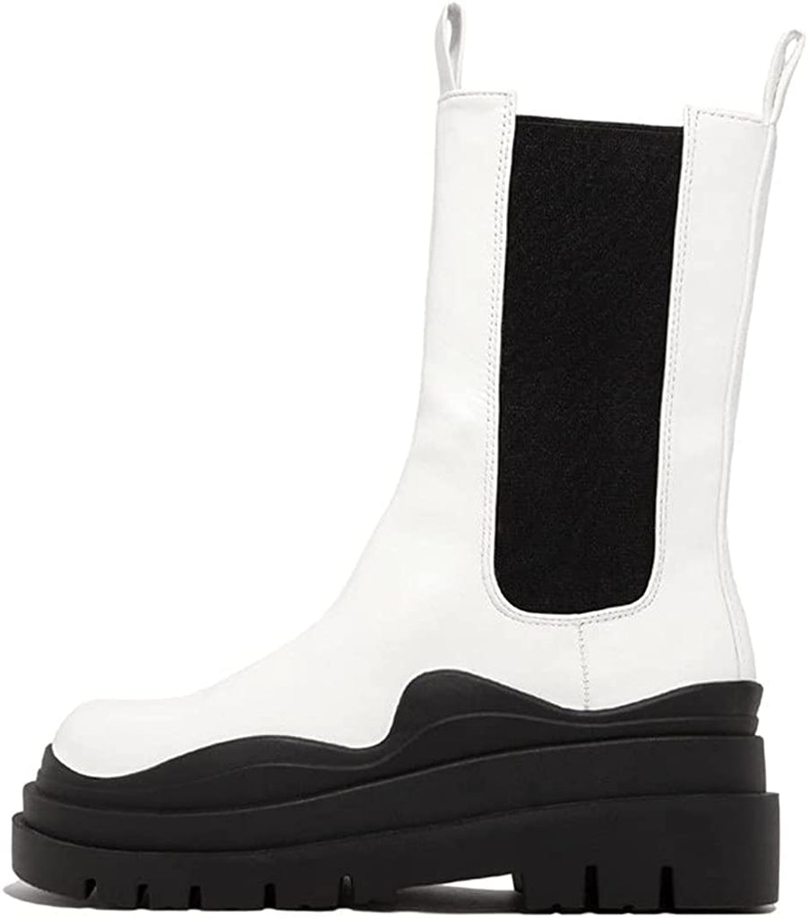 Women's Chelsea Ankle Boots Slip On Mid Calf Chunky Platform Comfortable Pull-on Booties