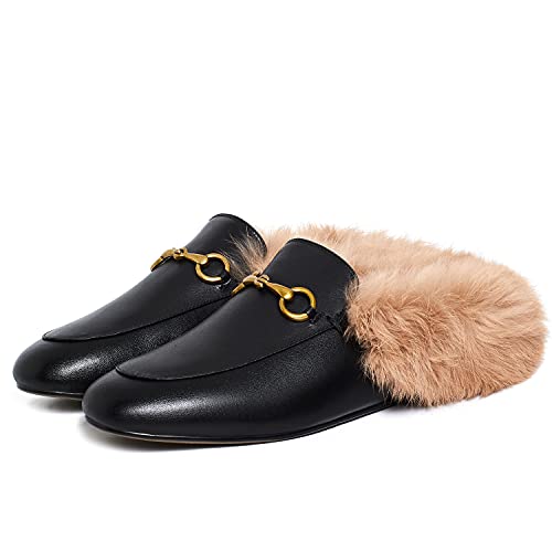 Fur Mules for Women Leather Low Heel Loafers Pointed Toe Rabbit Furny Mule Flats Backless Slides