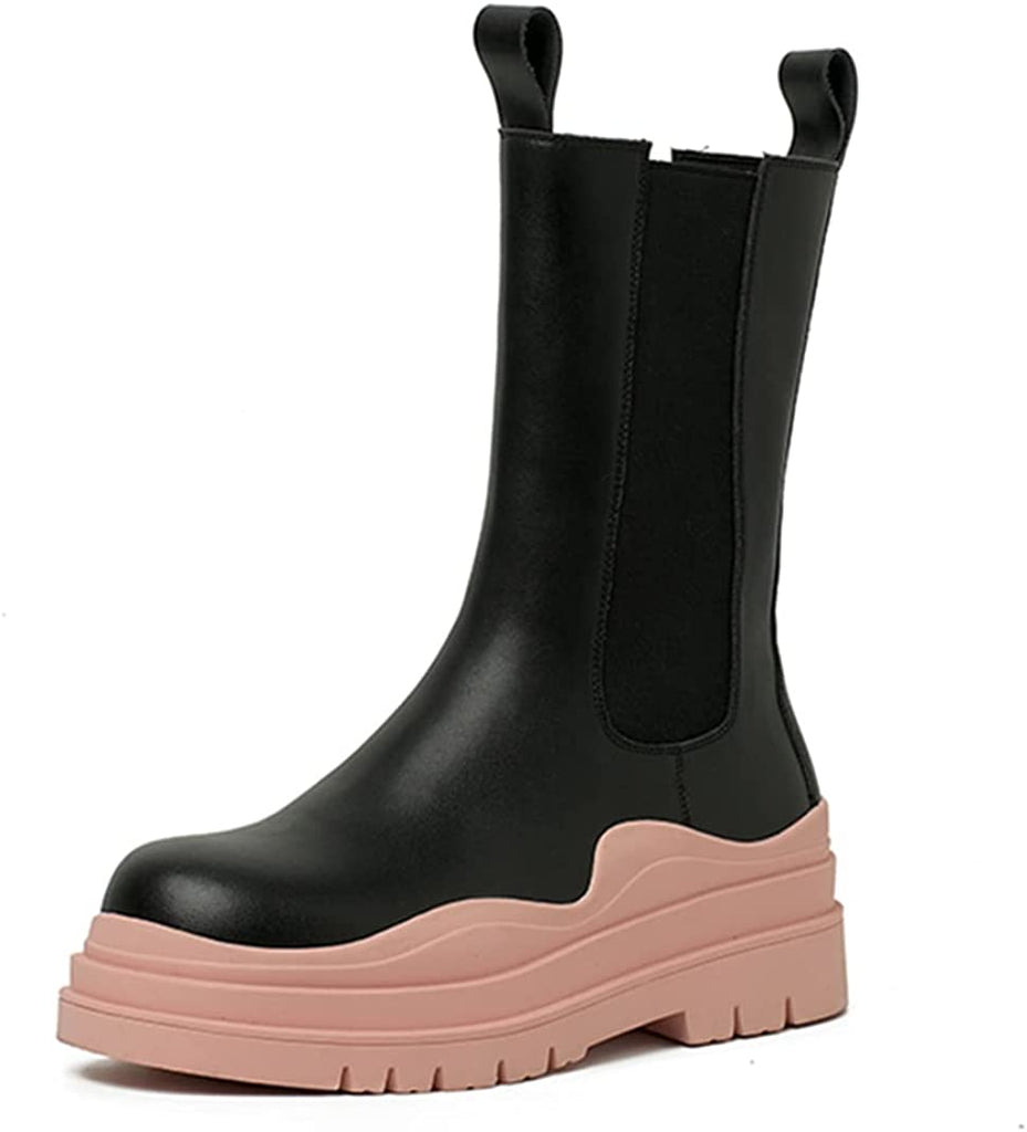 Women's Chelsea Ankle Boots Slip On Mid Calf Chunky Platform Comfortable Pull-on Booties