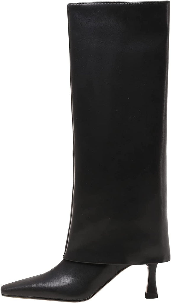 Fold Over Knee High Boots Leather Stiletto Heel Long Boot Riding Booties