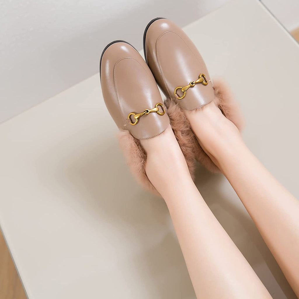 Vertundy Fur Women's Loafers Flats Leather Pointed Toe Work Slip On Mules