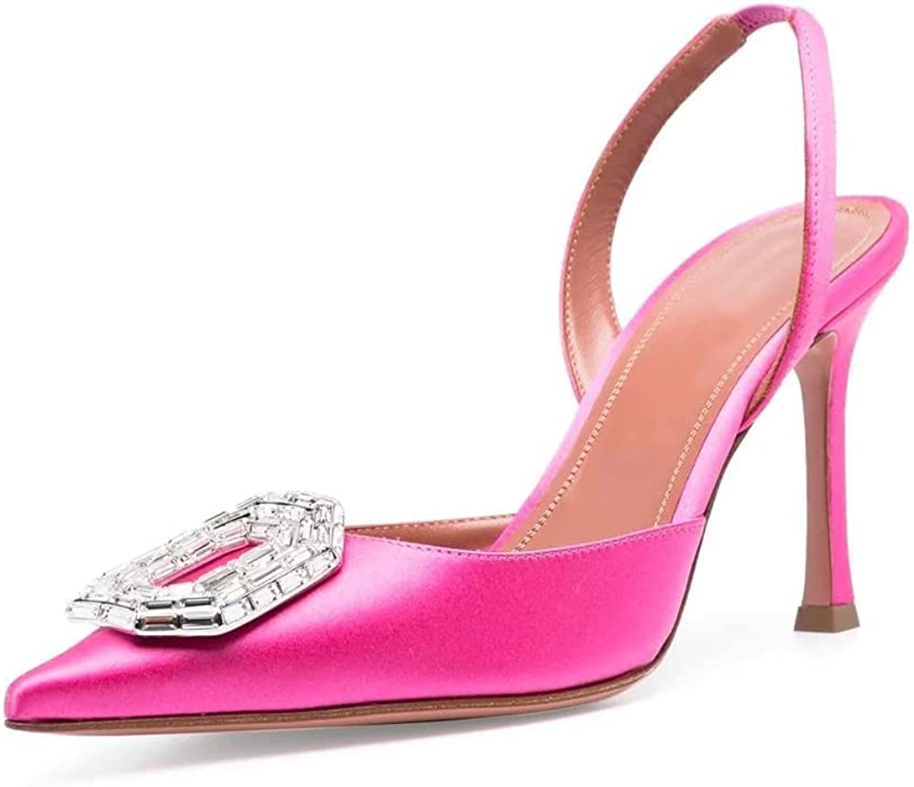 Rhinestone High Heels Satin Slingback Pumps Pointed Wedding Dress Stilettos