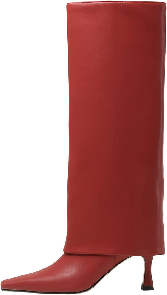 Fold Over Knee High Boots Leather Stiletto Heel Long Boot Riding Booties