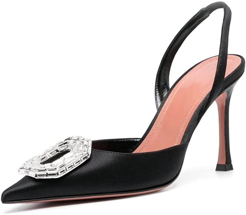 Rhinestone High Heels Satin Slingback Pumps Pointed Wedding Dress Stilettos