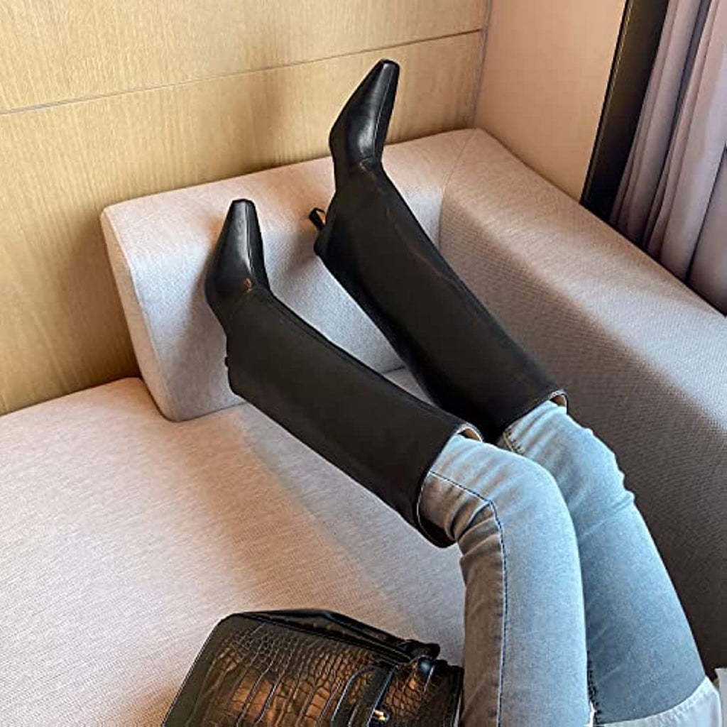 Fold Over Knee High Boots Leather Stiletto Heel Long Boot Riding Booties