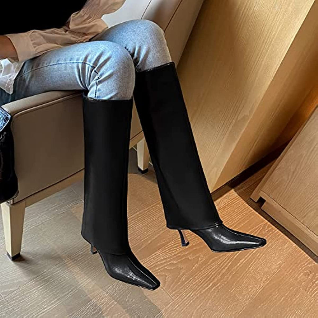 Fold Over Knee High Boots Leather Stiletto Heel Long Boot Riding Booties