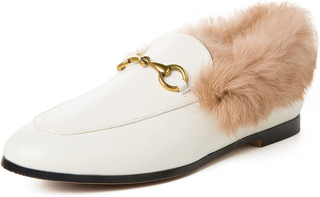 Vertundy Fur Women's Loafers Flats Leather Pointed Toe Work Slip On Mules