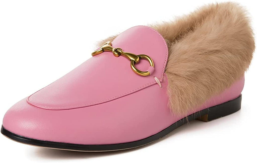 Vertundy Fur Women's Loafers Flats Leather Pointed Toe Work Slip On Mules