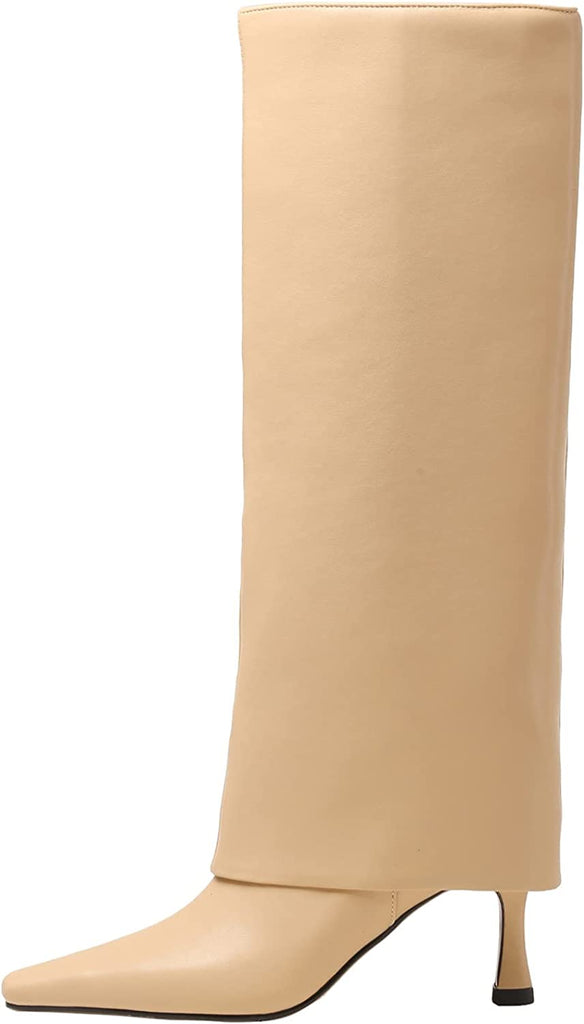Fold Over Knee High Boots Leather Stiletto Heel Long Boot Riding Booties
