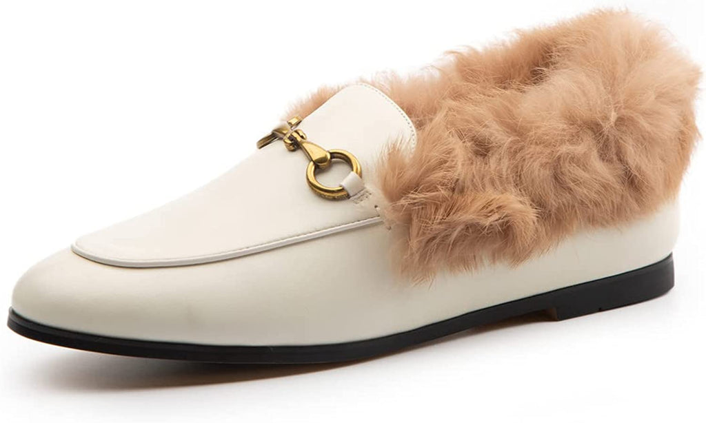 Vertundy Fur Women's Loafers Flats Leather Pointed Toe Work Slip On Mules