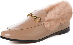 Vertundy Fur Women's Loafers Flats Leather Pointed Toe Work Slip On Mules