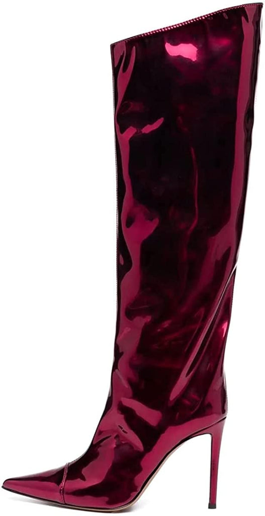 Women's Knee High Boots Sexy Pointed Toe Stiletto Heel Boot Metallic Leather Zipper Booties Dress Shoes