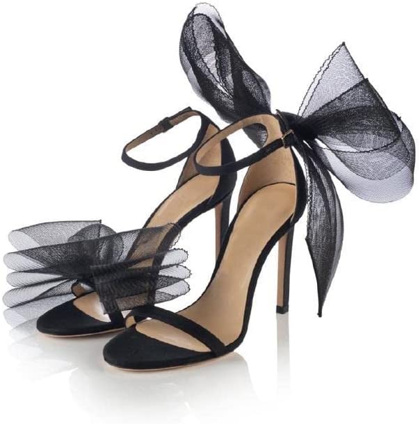 Vertundy Women's Stiletto High Heeled Sandals with Asymmetric Lace Mesh Bows Knot Decoration Open Toe Ankle Strap Single Band Strap Heels Sexy Dress Wedding Party Shoes For Ladies 3.14 IN