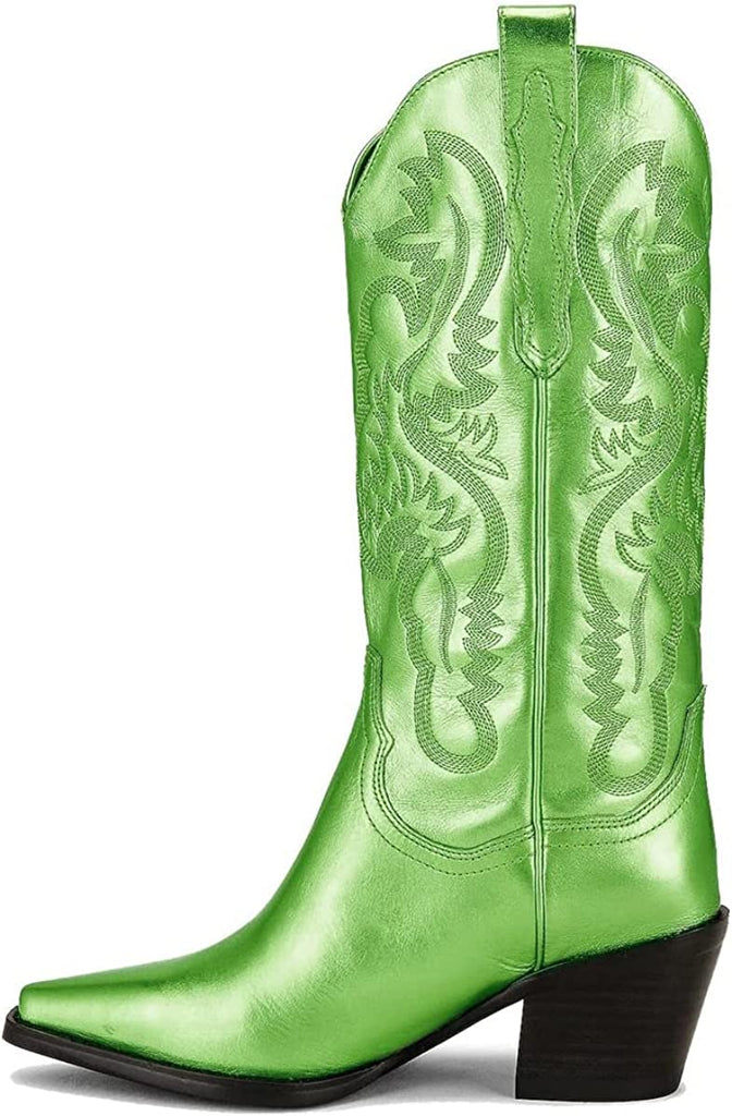 Western Cowboy Boots, Metallic Mid Calf Boots with Embroidered Cowgirl Wide-Calf Combat Boot Pull-on Knee High