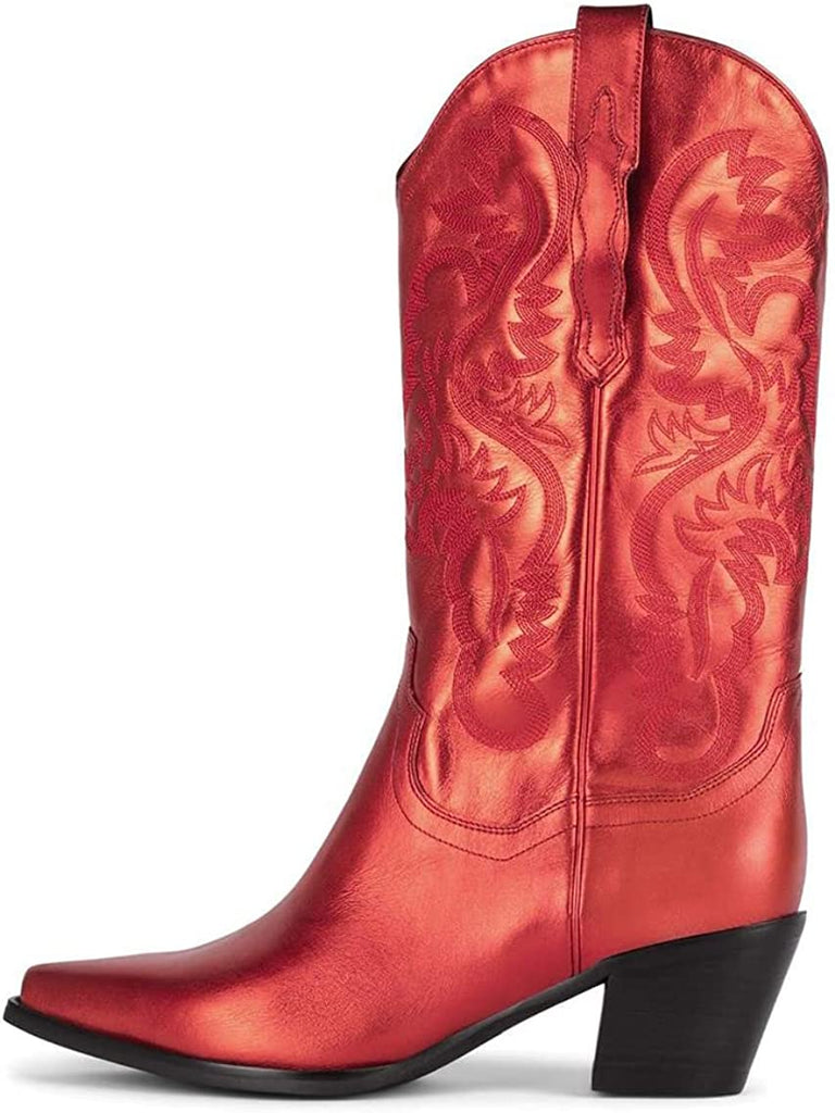Western Cowboy Boots, Metallic Mid Calf Boots with Embroidered Cowgirl Wide-Calf Combat Boot Pull-on Knee High