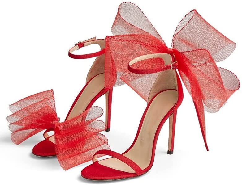 Vertundy Women's Stiletto High Heeled Sandals with Asymmetric Lace Mesh Bows Knot Decoration Open Toe Ankle Strap Single Band Strap Heels Sexy Dress Wedding Party Shoes For Ladies 3.14 IN