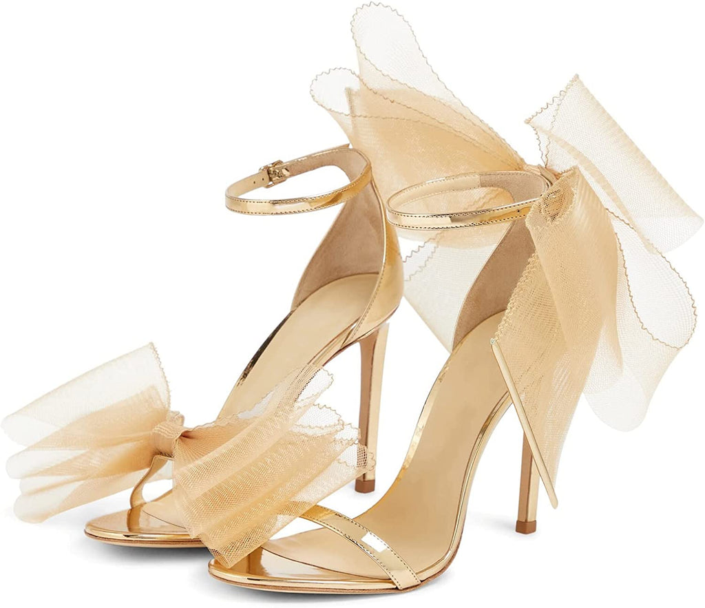 Vertundy Women's Stiletto High Heeled Sandals with Asymmetric Lace Mesh Bows Knot Decoration Open Toe Ankle Strap Single Band Strap Heels Sexy Dress Wedding Party Shoes For Ladies 3.14 IN