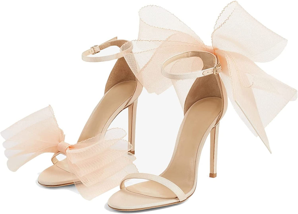 Vertundy Women's Stiletto High Heeled Sandals with Asymmetric Lace Mesh Bows Knot Decoration Open Toe Ankle Strap Single Band Strap Heels Sexy Dress Wedding Party Shoes For Ladies 3.14 IN