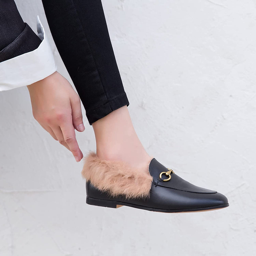 Vertundy Fur Women's Loafers Flats Leather Pointed Toe Work Slip On Mules