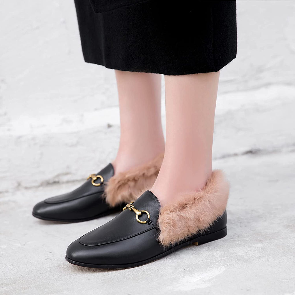 Vertundy Fur Women's Loafers Flats Leather Pointed Toe Work Slip On Mules