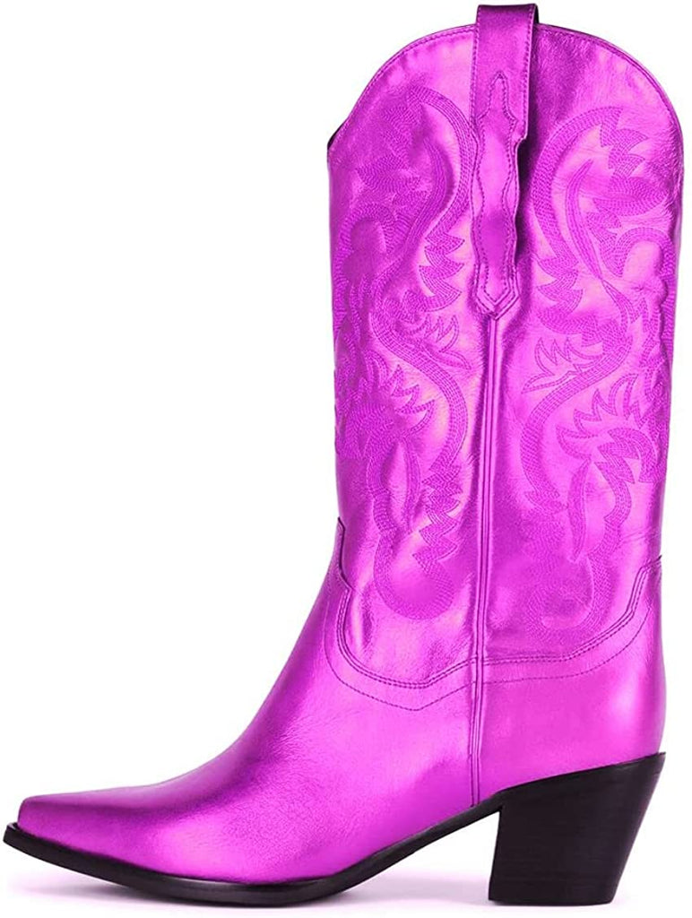 Western Cowboy Boots, Metallic Mid Calf Boots with Embroidered Cowgirl Wide-Calf Combat Boot Pull-on Knee High
