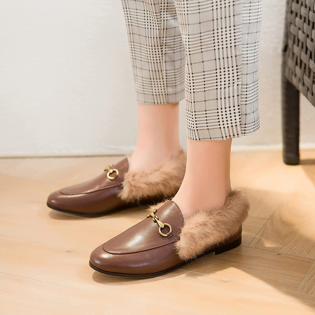Vertundy Fur Women's Loafers Flats Leather Pointed Toe Work Slip On Mules
