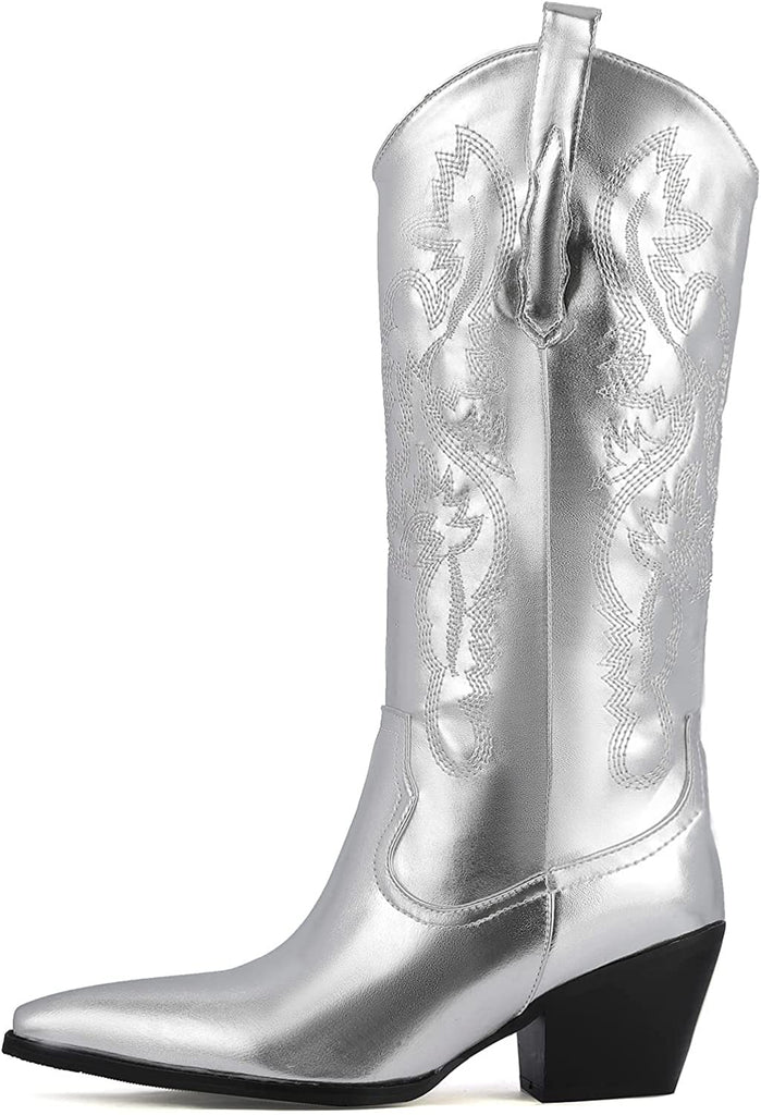 Western Cowboy Boots, Metallic Mid Calf Boots with Embroidered Cowgirl Wide-Calf Combat Boot Pull-on Knee High
