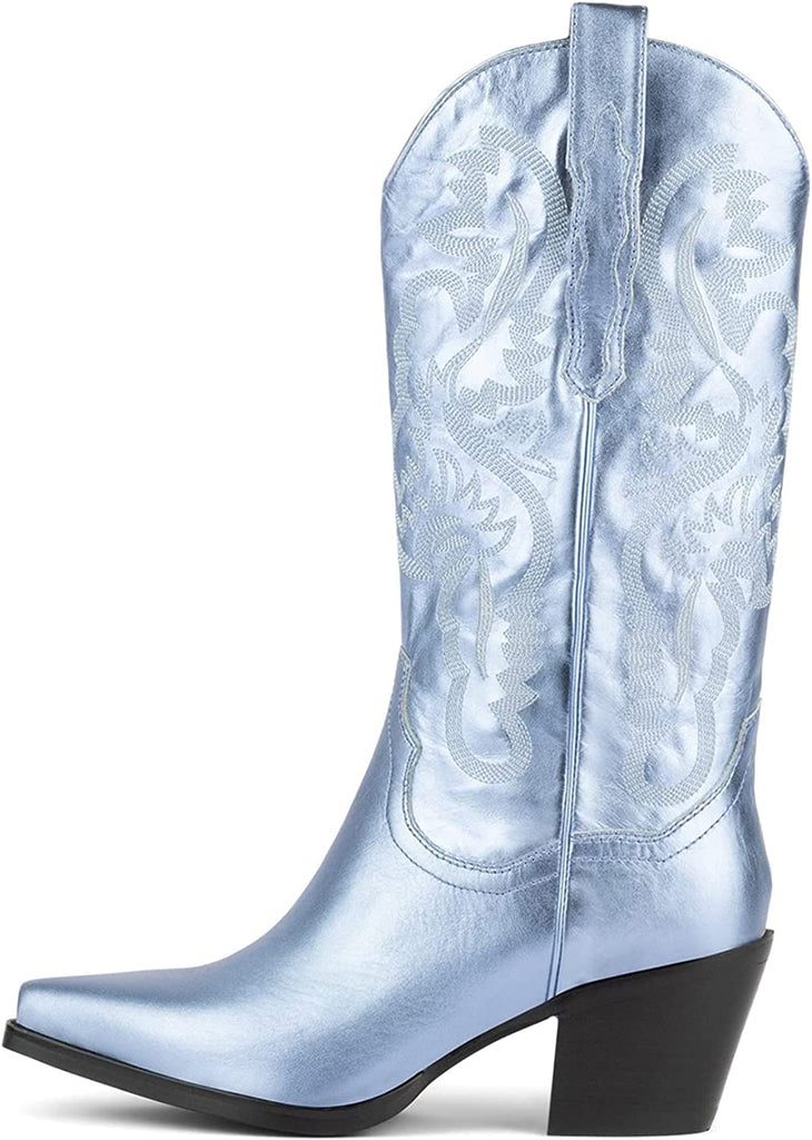 Western Cowboy Boots, Metallic Mid Calf Boots with Embroidered Cowgirl Wide-Calf Combat Boot Pull-on Knee High