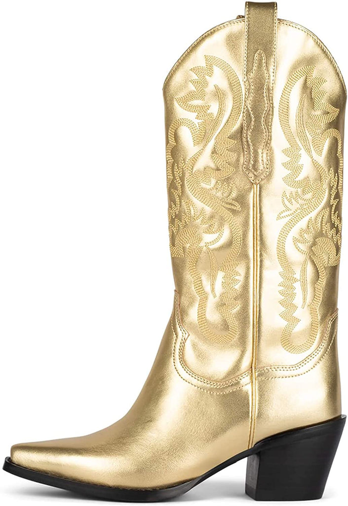 Western Cowboy Boots, Metallic Mid Calf Boots with Embroidered Cowgirl Wide-Calf Combat Boot Pull-on Knee High